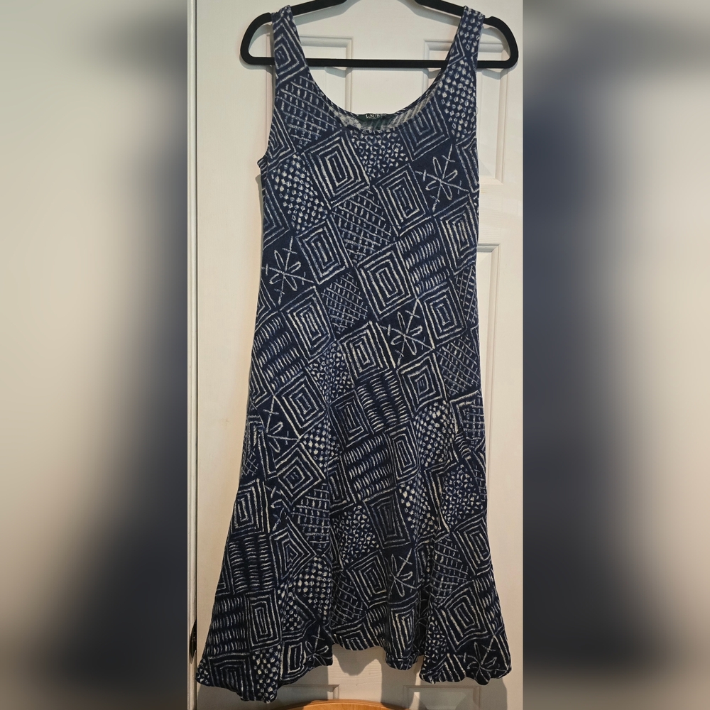 Lauren Ralph Lauren Blue Geometric Pattern Slveless Midi Dress Sz Med Linen Blnd